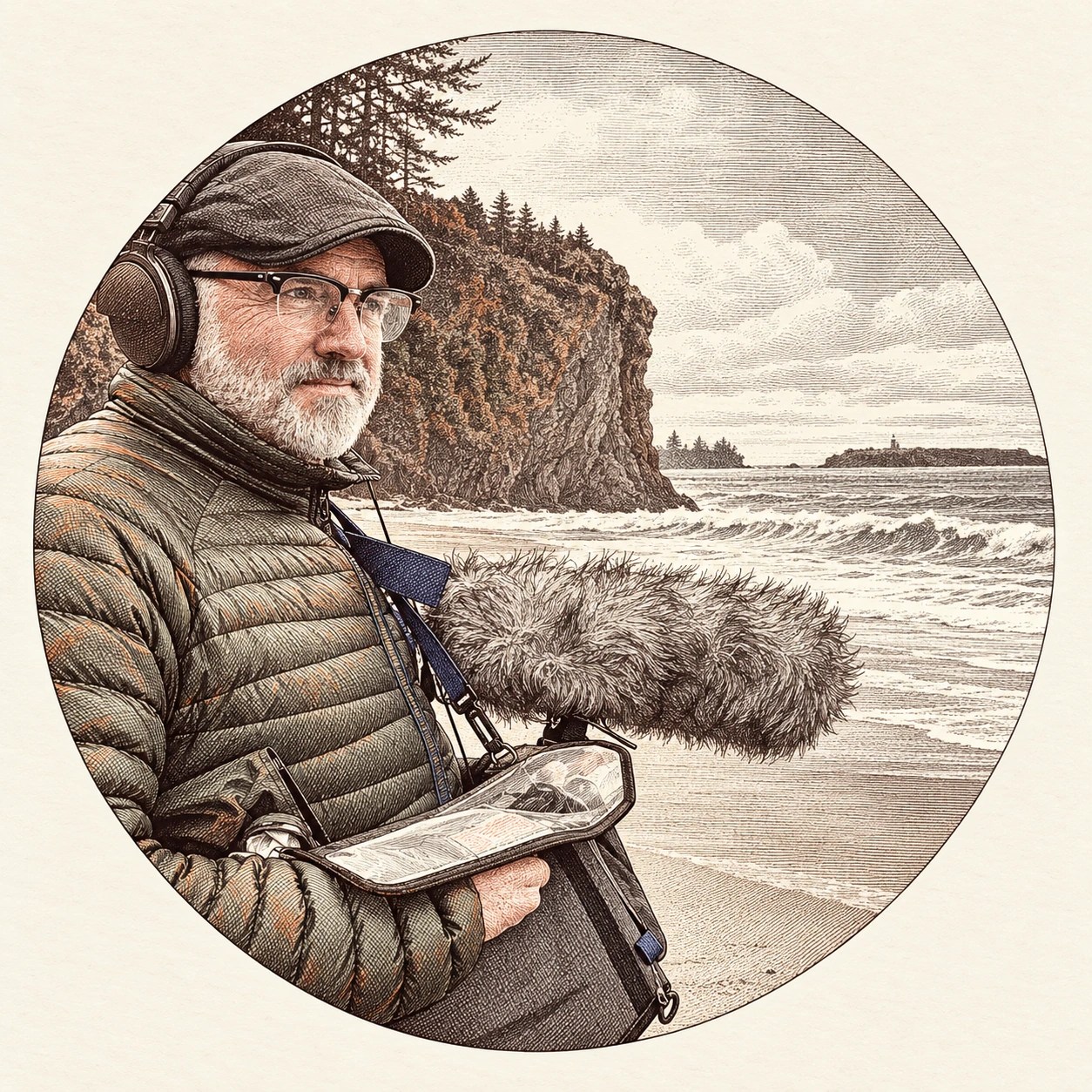 Etching-style portrait of Craig Carpenter wearing headphones and recording coastal sounds beside ocean cliffs.