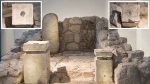 The shrine at Tel Arad, rebuilt from original finds and displayed at the Israel Museum. The two altars are shown, one with frankincense residue (left) and one with cannabis residue (right). Credit: Laura Lachman