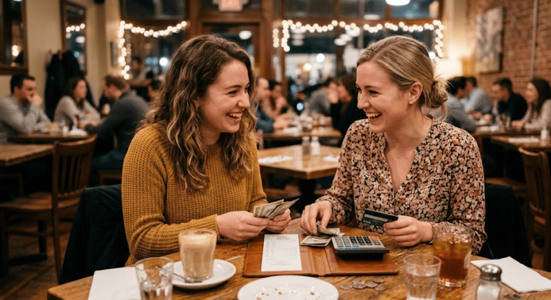 Two friends cheerfully splitting a restaurant bill together at the table