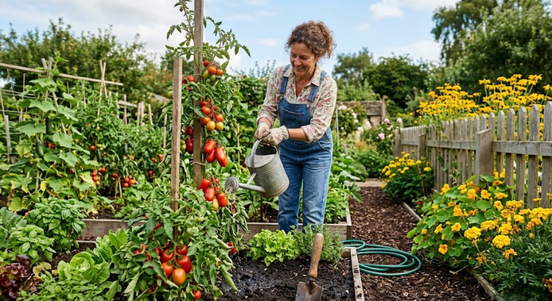 A vegetable garden with tomatoes, green plants, a watering can, and someone gardening