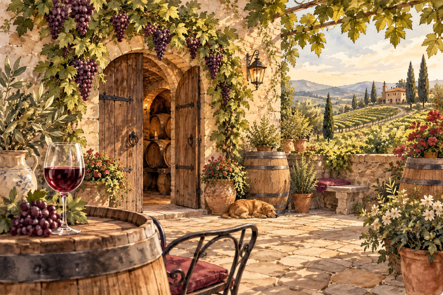 Illustrated winery courtyard with an open cellar door.