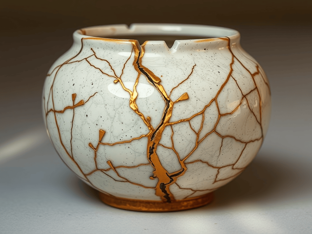 Kintsugi pottery with visible gold repairs, representing rupture and repair