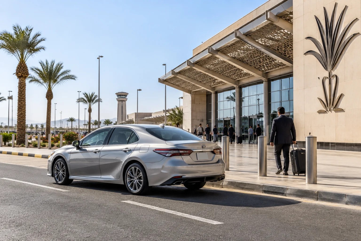 سيارة عند مدخل مبنى استقبال — تصور توضيحي