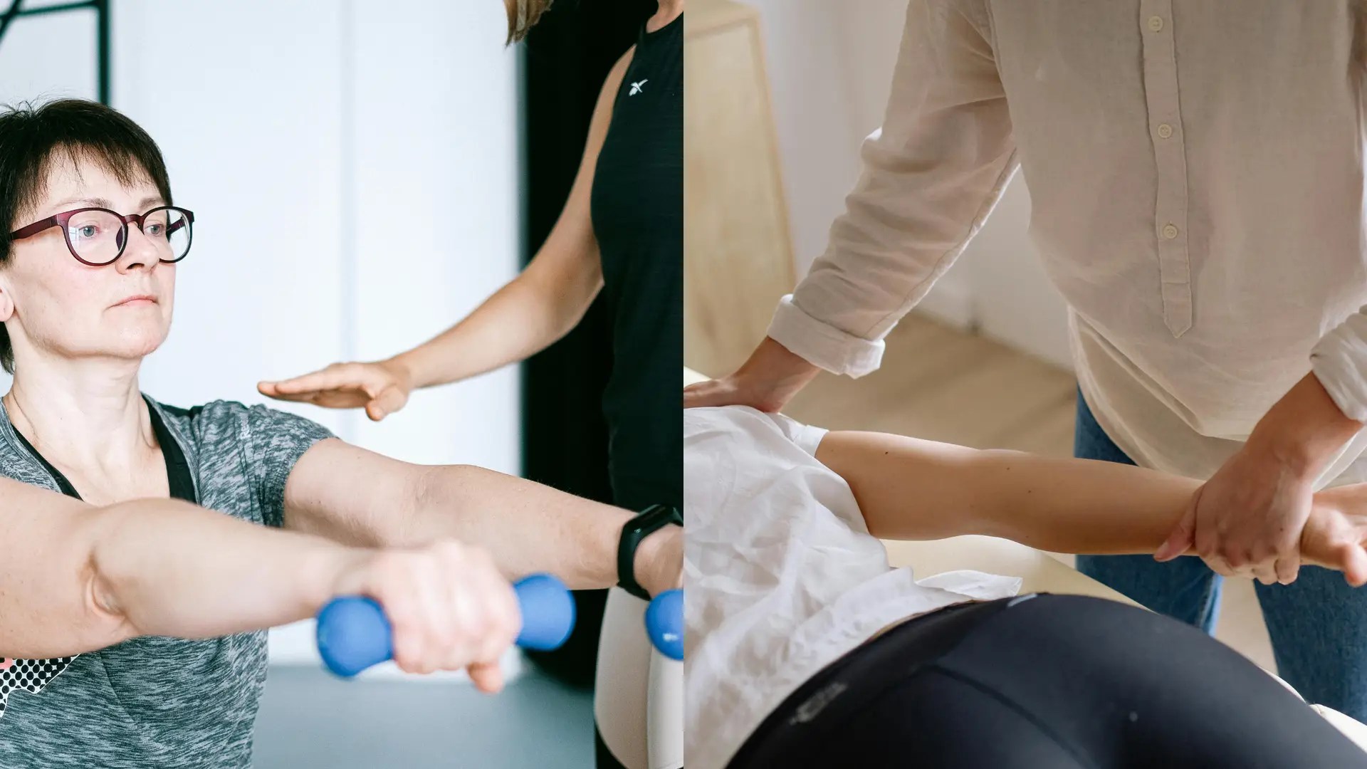 Side by side image of someone training with a trainer and the other receiving a massage.