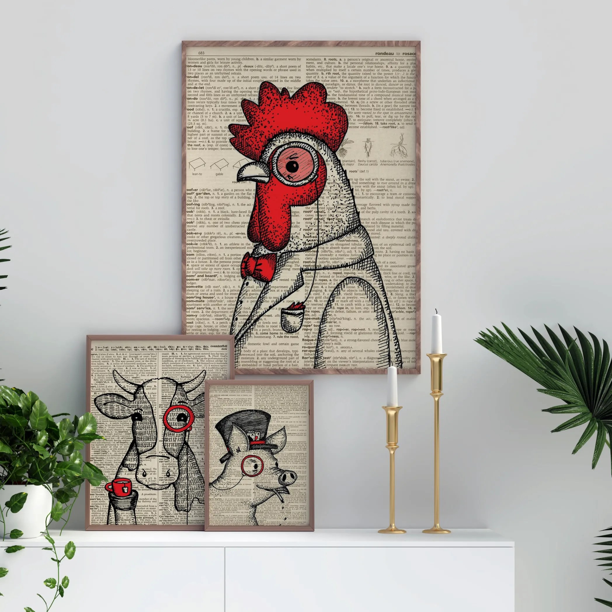 Cow, Rooster, Pig with Monocle, Monocle Series