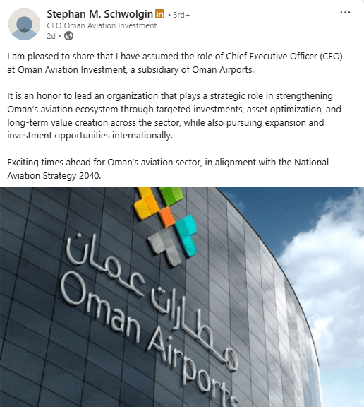 ستيفان م. شفولغين رئيسًا تنفيذيًا لشركة عمان لاستثمارات الطيران