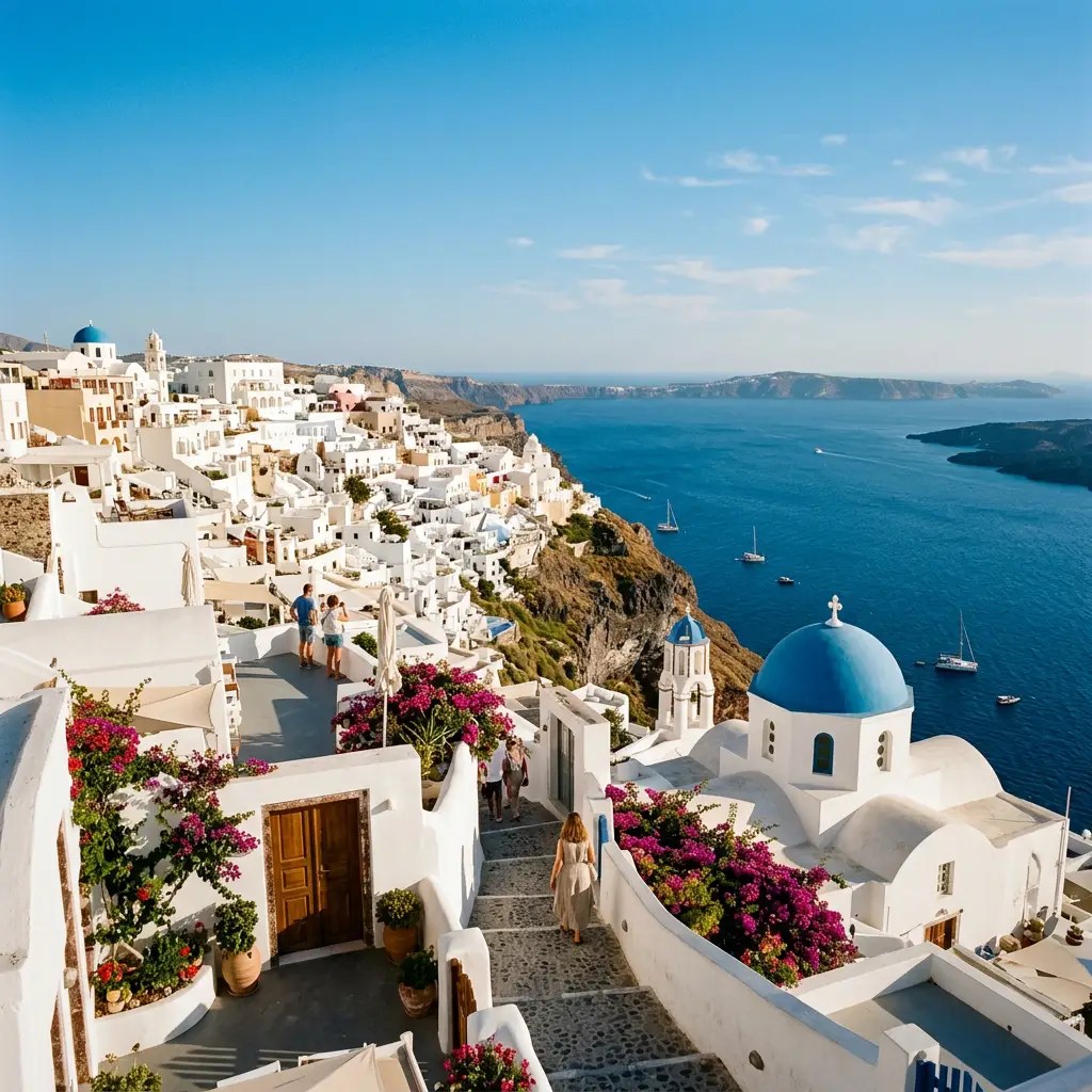 Whitewashed Santorini village overlooking the blue Aegean Sea