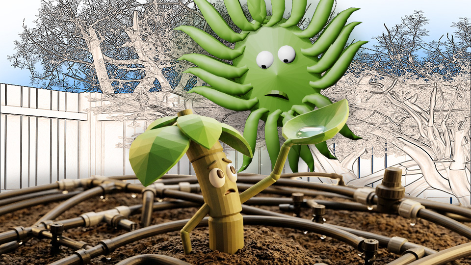 A 3D render of a little planted in the ground completely surrounded by and looking with concern at the tubes and fittings of an operating garden irrigation system, holding out a leaf to check for rain in the TangleWicket garden while Wicket looks on, by John D Reinhart