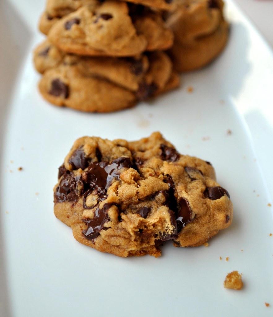 Close up of warm chocolate chip cookie with oozing chocolate