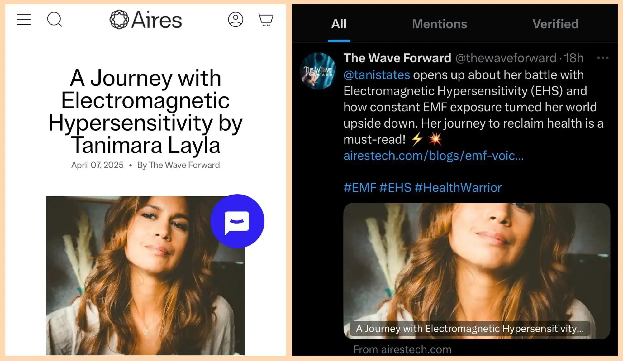 Composite screenshot showing my article published on the Wave Forward blog by Aires and a corresponding X (Twitter) post by Aires sharing the article about EMF awareness, nervous system sensitivity, and healing