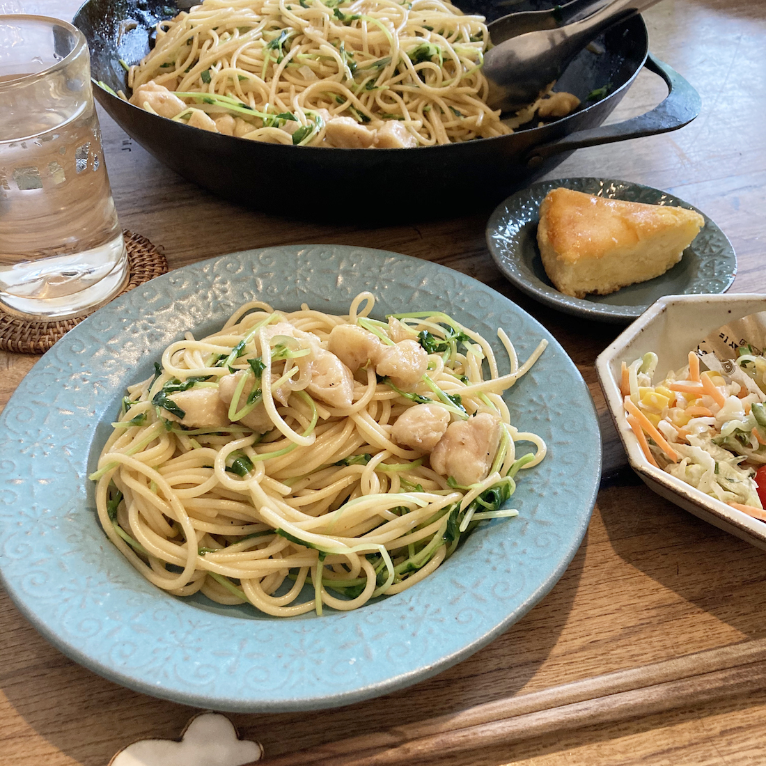 豆苗とぼんじりの和風パスタ