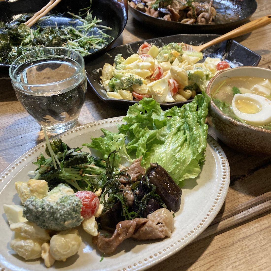 水菜と海苔のごま油炒め＆豚と茄子の甘辛炒め
