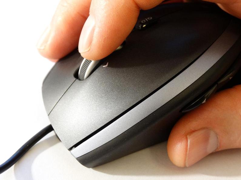 Hand holding a computer mouse. 