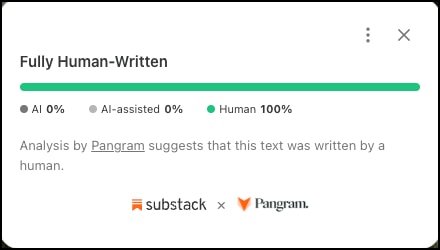 Results of the Substack/Pangram tool, declaring an article "Fully Human Written."
