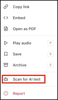 The Substack post options with "Scan for AI text" highlighted with a red rectangle.