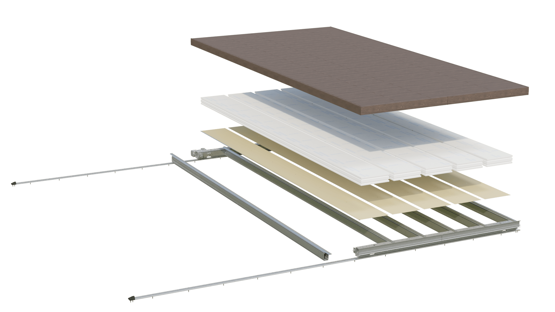 Walu-Deck exploded system diagram showing rails, roller modules, structure, insulation, and finished deck surface