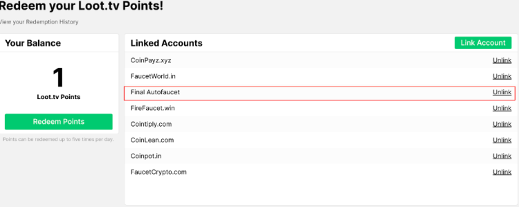 Loot.tv Linked Account Section