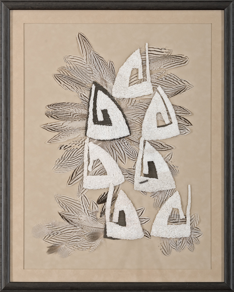 first flight 31x32” Beads, feathers, plastic mesh Collage, bead embroidery