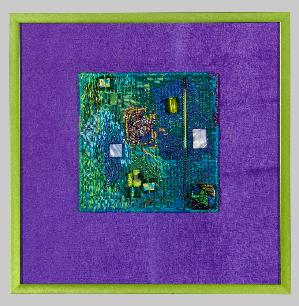 Midwest Intersection 12.5x12.5” Rayon, silk, cotton, glass beads Stitchery, wrapping