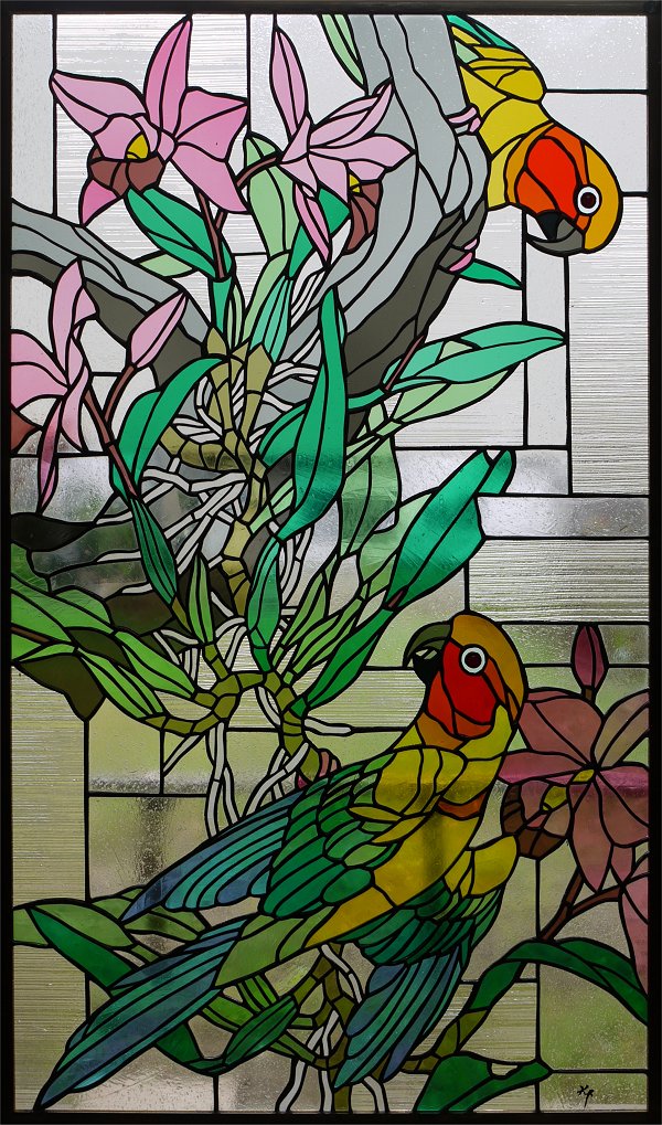 グラス工房達風 | 18017「カトレヤとインコ」