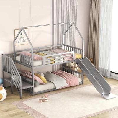 Twin Over Twin Metal Bunk Bed With Slide Storage Stairs Metal House - Premium Colorful Picture Gallery - Mobile