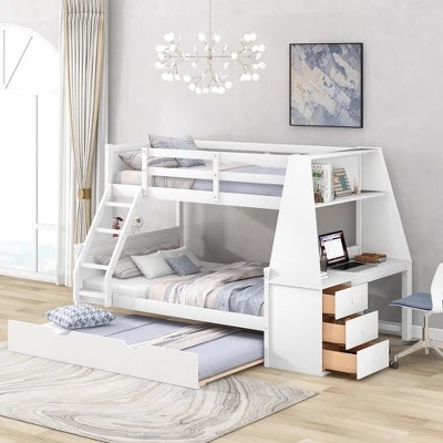Twin Over Full Bunk Bed With Trundle Built In Desk Three Storage - High Resolution Geometric Images for Desktop