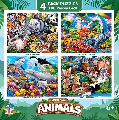 Masterpieces Kids Jigsaw Puzzle Set World Of Animals 4 Pack 100 - Minimal Picture Collection - 8K Quality