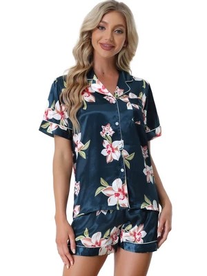 Cheibear Women S Silky Satin Loungewear Button Down Shirt With Shorts - Landscape Illustration Collection - Ultra HD Quality
