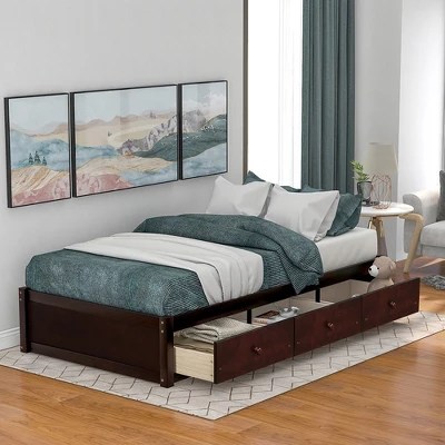 Twin Size Platform Storage Bed With 3 Drawers Easy Assembly Platform - Elegant Space Pattern - Full HD