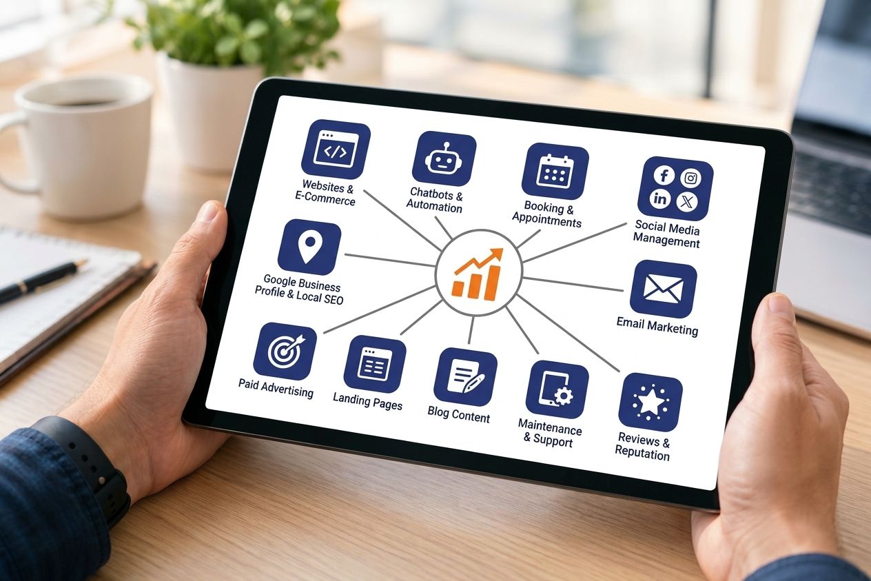 A tablet showing the marketing services Target Marketeer bundles together