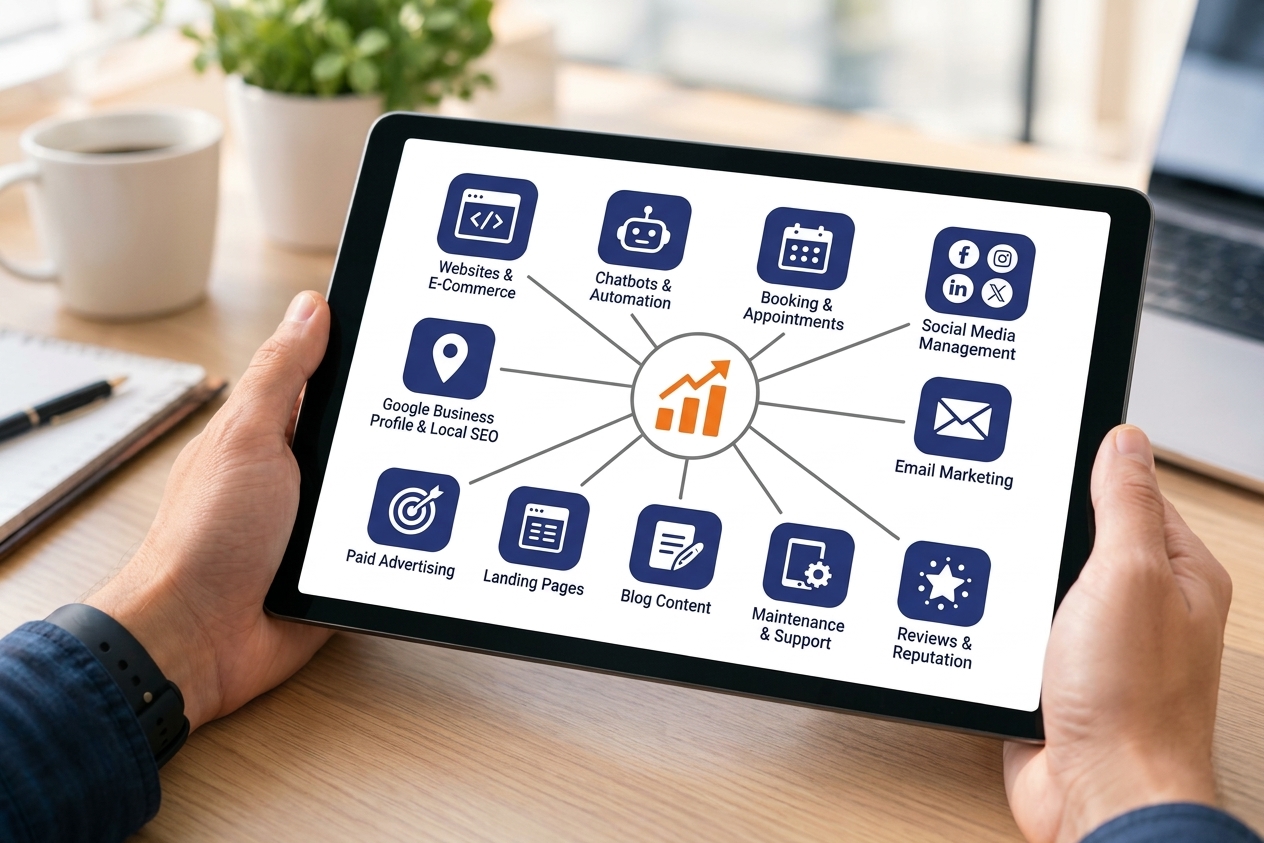 A tablet showing the marketing services Target Marketeer bundles together