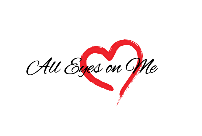 All Eyes on Me logo featuring a red heart brushstroke design on a black background