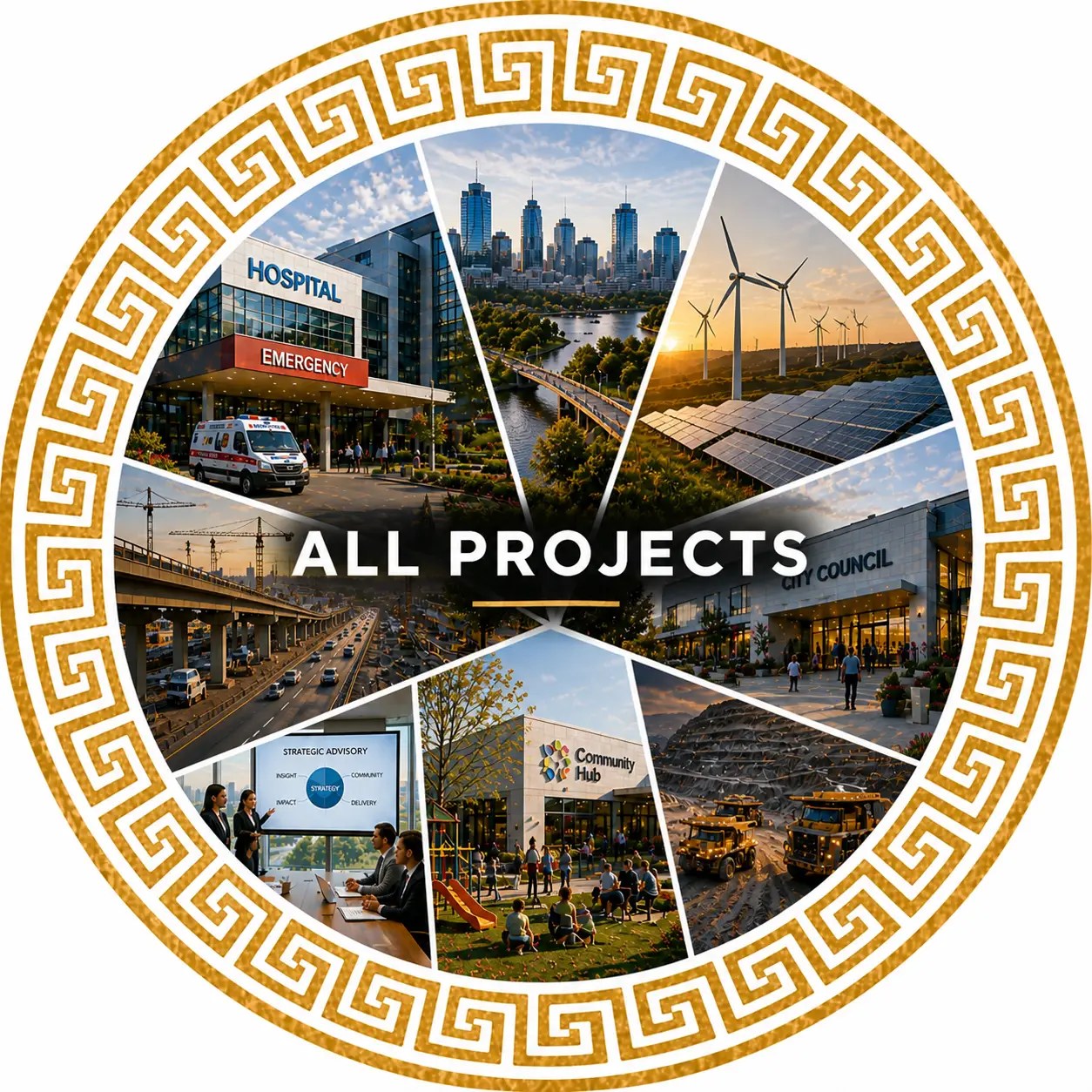 All projects overview showing infrastructure, government, energy, buildings, and community projects within a circular gold border