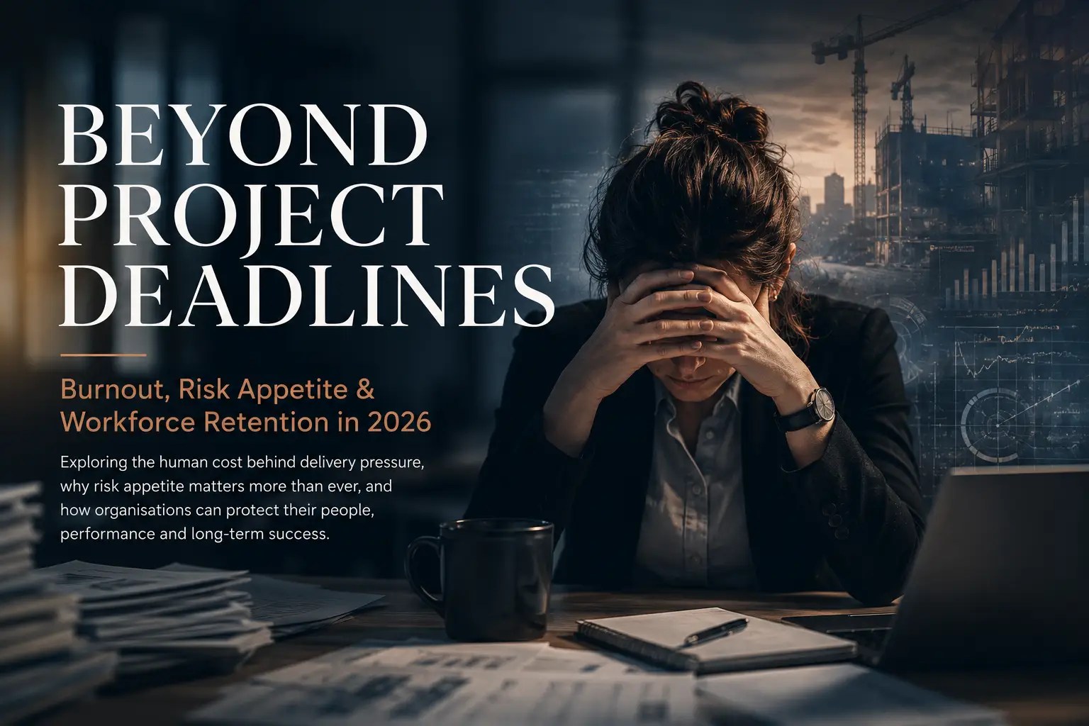 Burnout and workforce pressure concept featuring an exhausted professional surrounded by project deadlines, reporting demands and operational stress within a high-pressure corporate and infrastructure delivery environment.