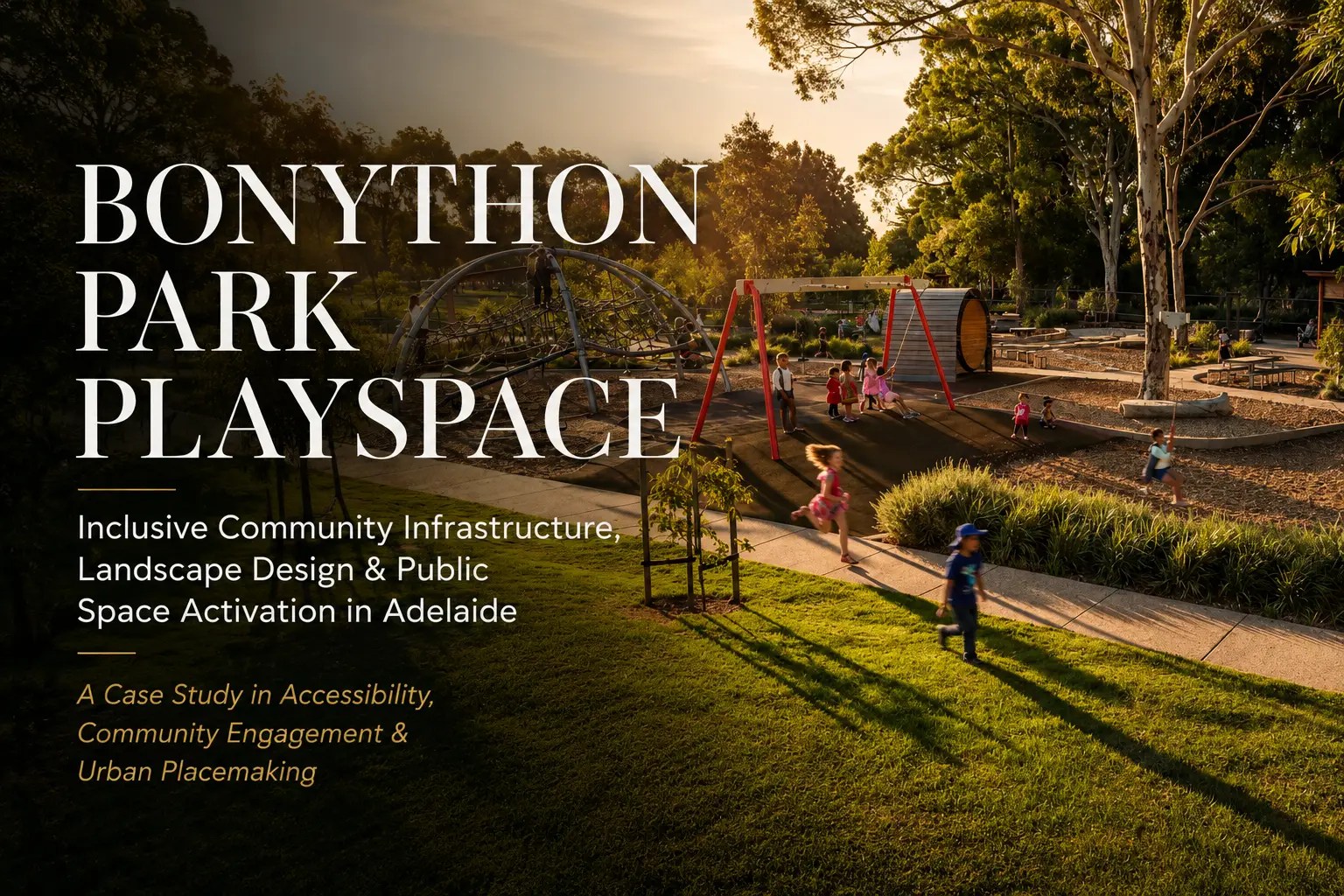 Bonython Park Playspace in Adelaide featuring inclusive playground design, landscaped public spaces and families enjoying community infrastructure within the Adelaide Park Lands at golden hour.