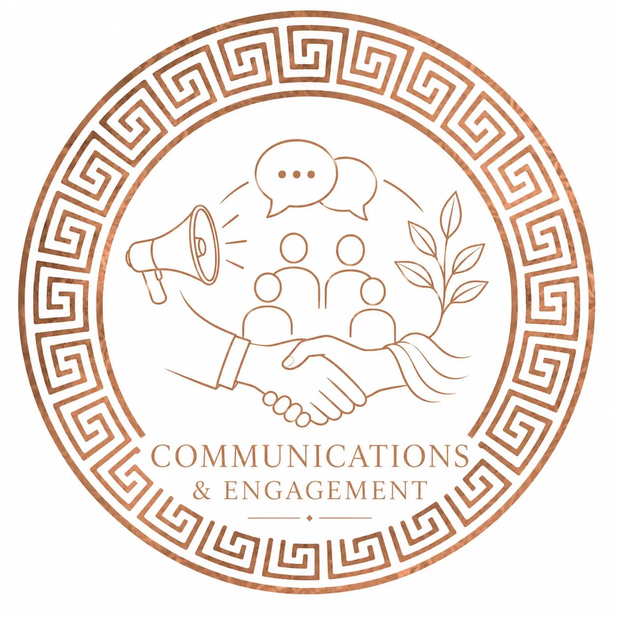 Communications and Engagement emblem featuring community, stakeholder engagement, communication, collaboration and relationship-building symbols within a copper-toned circular design.