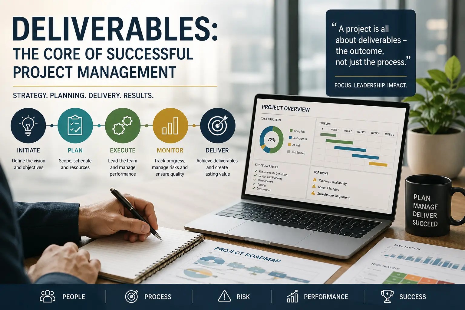 Modern project management concept image featuring strategic planning, deliverables, governance frameworks, project dashboards and leadership-focused delivery within a contemporary corporate environment.
