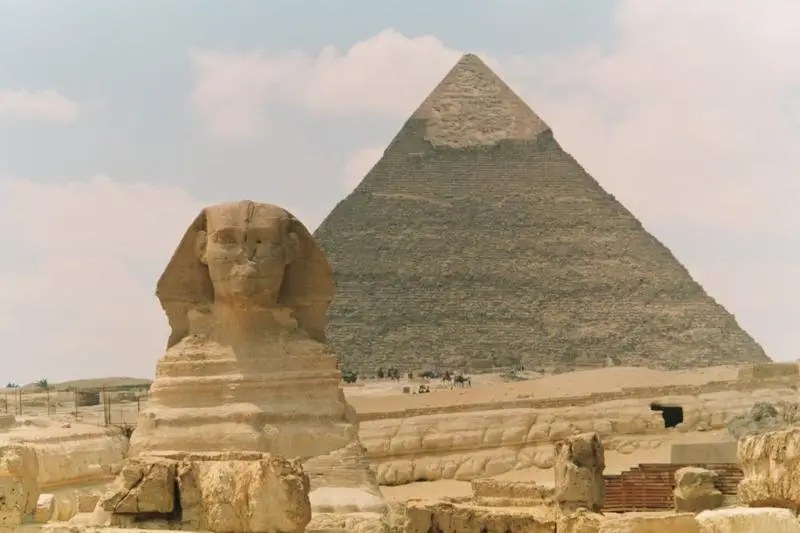 The Great Sphinx and Pyramid of Khafre at Giza, Egypt, photographed during a visit to the Giza Plateau near Cairo.