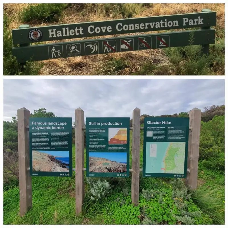 Entrance signage and interpretive information boards at Hallett Cove Conservation Park, one of South Australia's most significant geological and cultural heritage sites.