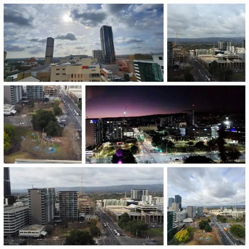Views across Adelaide's CBD from the 14th floor of ibis Adelaide, showcasing the city skyline, surrounding parklands and day-to-night cityscape.