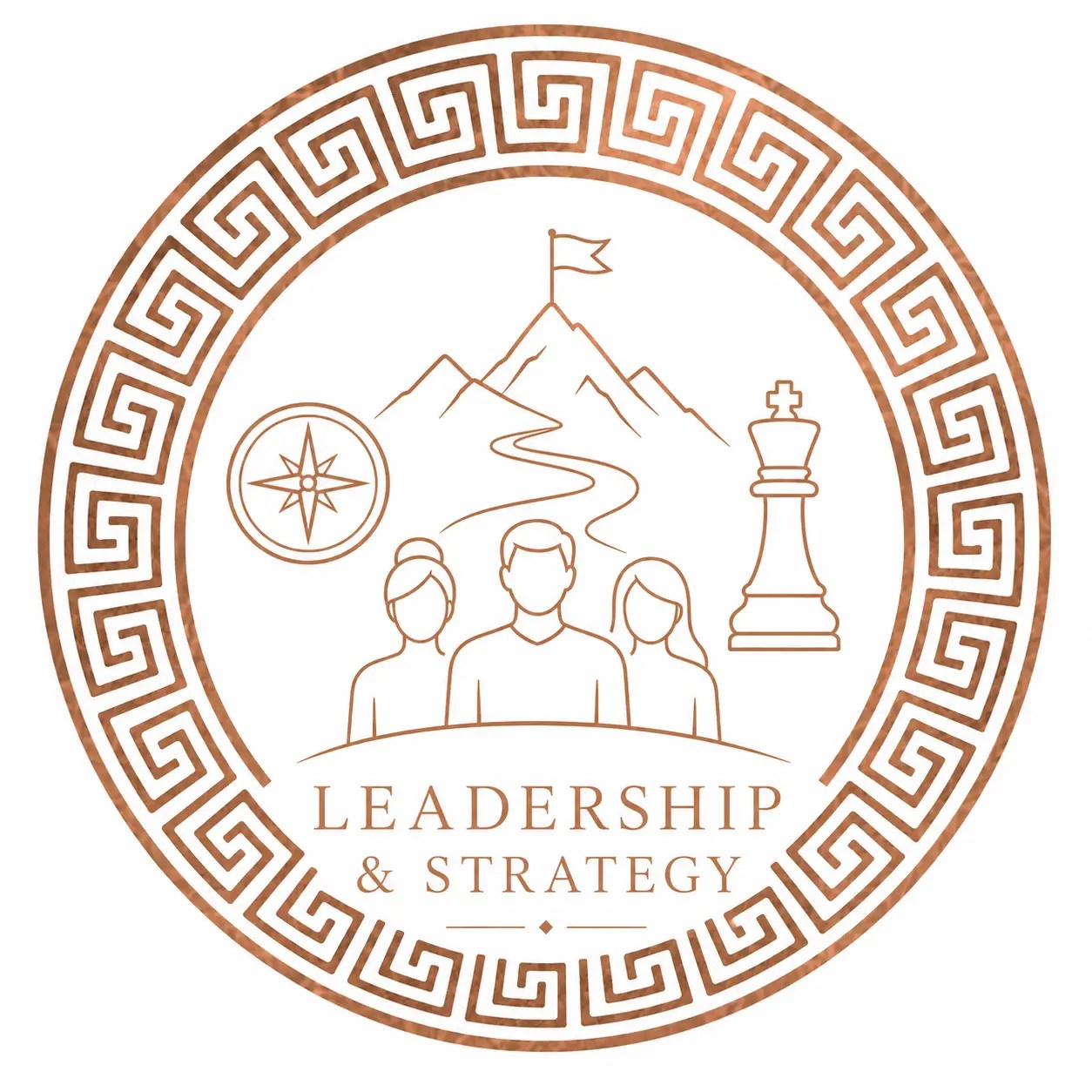 Leadership and Strategy emblem featuring leadership, direction, strategic planning and team development symbols within a copper-toned circular design.