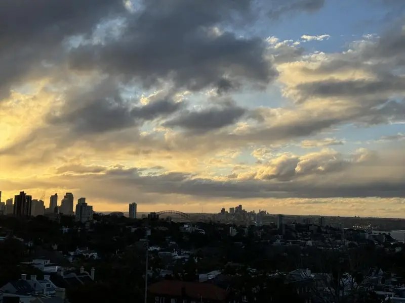 Sunset view across Sydney skyline from Lobster Tail Seafood Restaurant Bondi Junction.