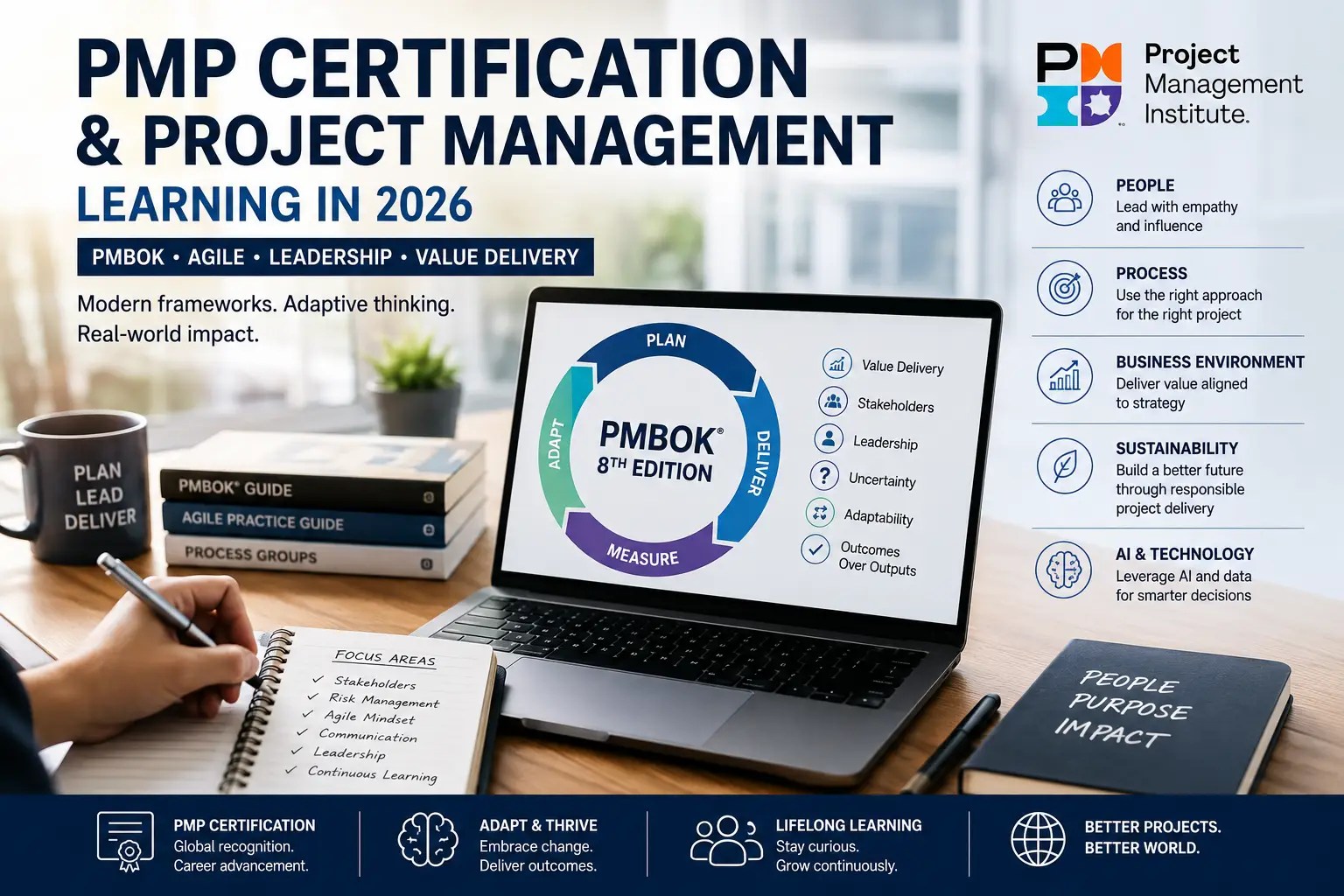 Modern project management and PMP certification concept featuring PMBOK, Agile delivery, leadership, stakeholder engagement, AI integration and strategic project planning within a contemporary professional workspace.