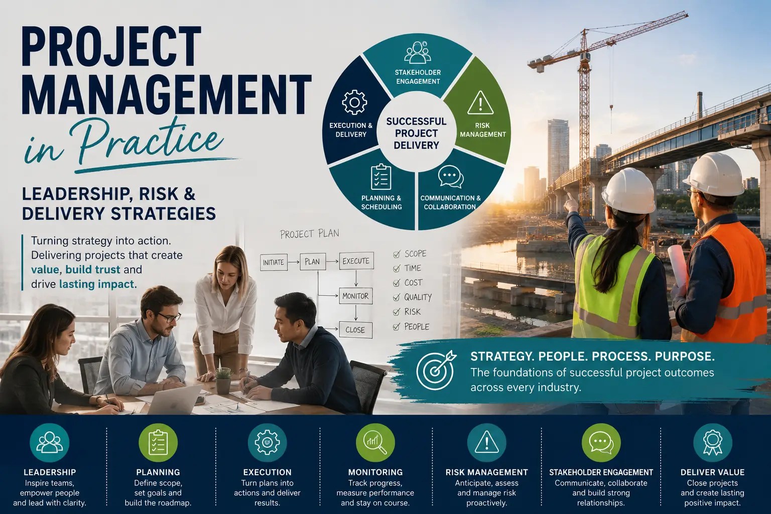 Project management strategy concept featuring leadership, risk management, stakeholder engagement, planning, construction delivery and collaborative project teams across infrastructure and business environments.
