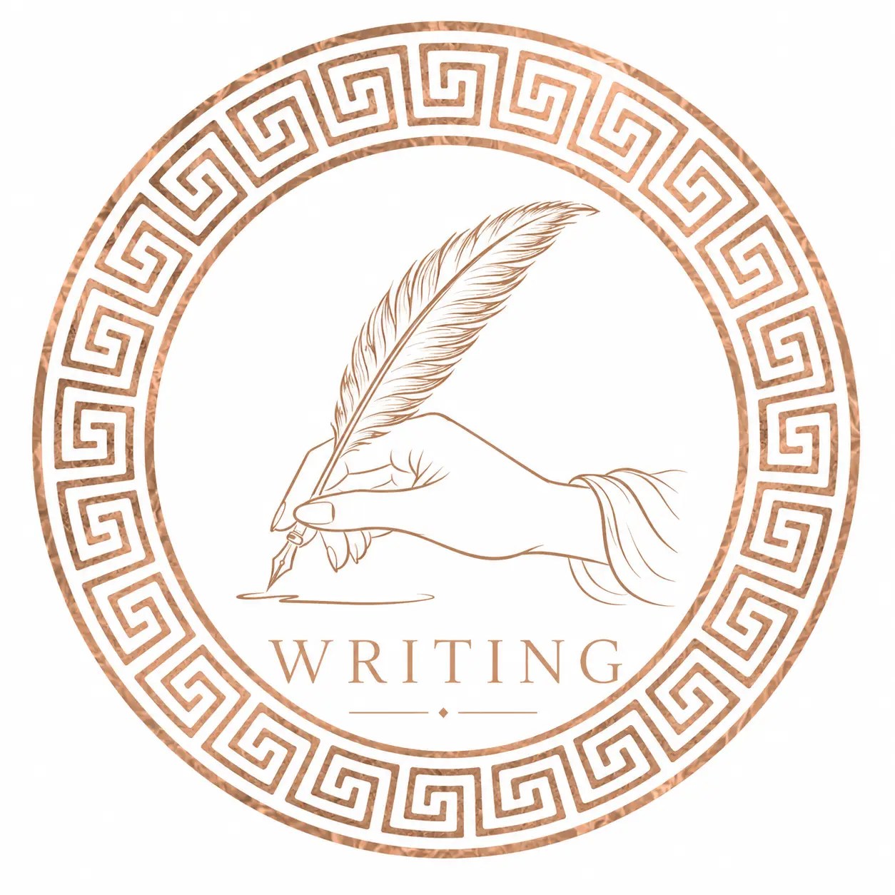 Elegant writing logo featuring a hand holding a quill within a rose gold Greek-inspired circular frame on a white background.
