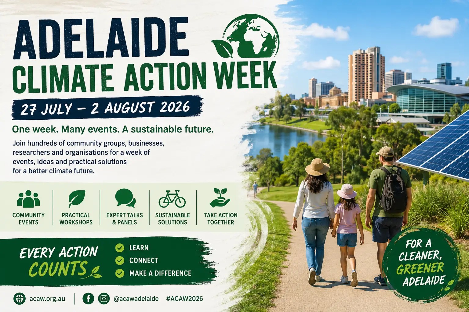 Adelaide Climate Action Week 2026 promotional graphic highlighting sustainability, renewable energy, community events and climate action in Adelaide, South Australia.
