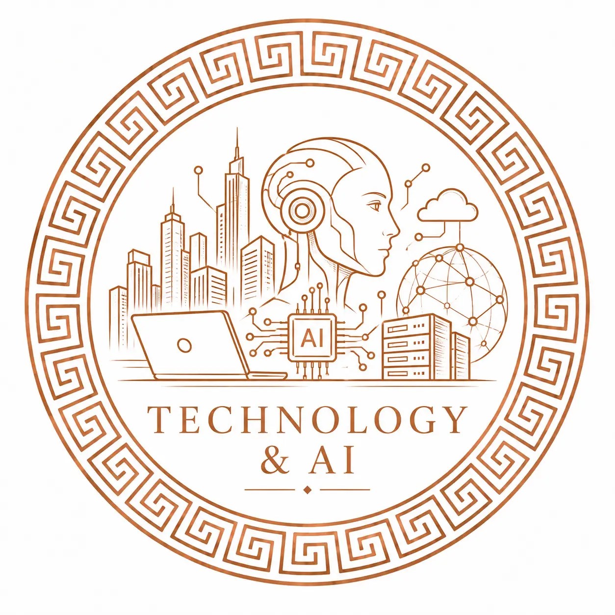 Technology & AI category graphic featuring artificial intelligence, cloud computing, data networks, servers and digital technology