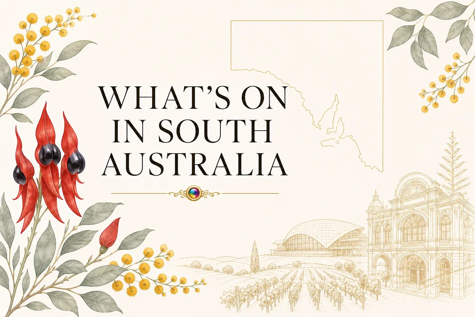 What’s On in South Australia Spring 2026 guide featuring South Australia map outline, Adelaide landmarks, vineyards and native Sturt’s Desert Pea flowers.