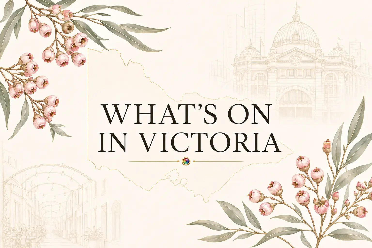 What’s On in Victoria Spring 2026 guide featuring Victoria map outline, Flinders Street Station, Melbourne laneway and flowering native gum blossoms.