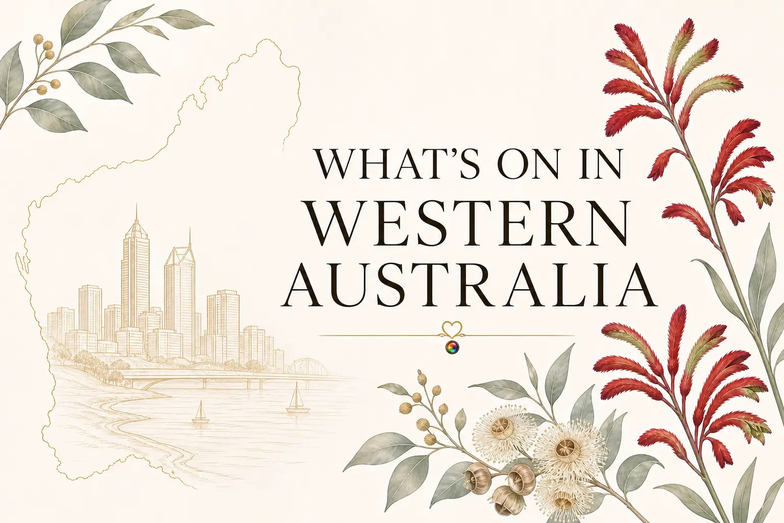 What’s On in Western Australia Spring 2026 guide featuring Perth skyline, WA map outline and native Western Australian wildflowers.